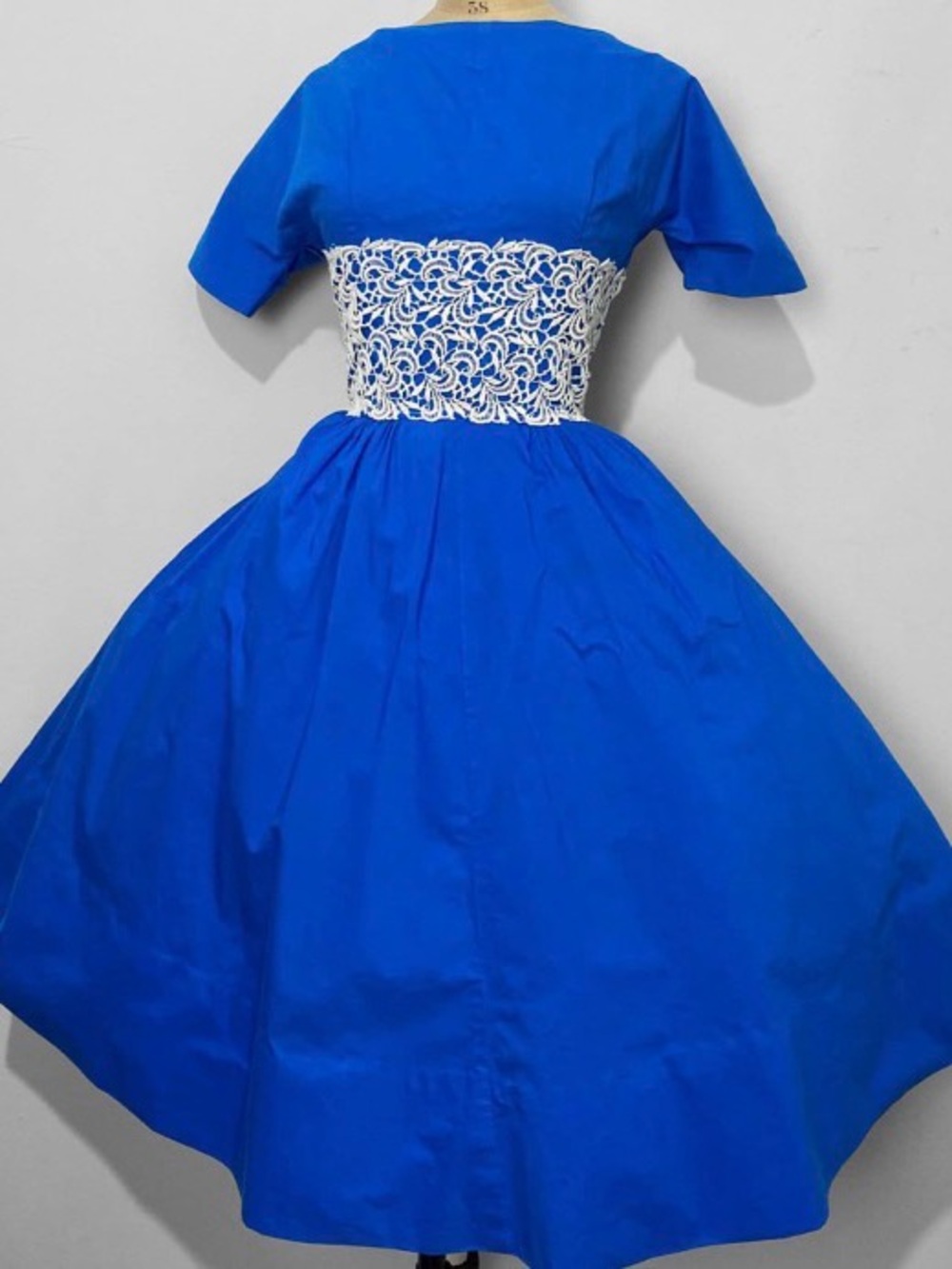 Original 1950s - Royal Blue Fit-and-Flare Dress with White Lace Waist